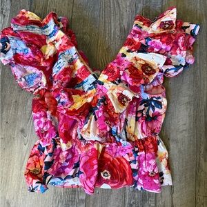 Floral Ruffle Top - Bright Pink & Red